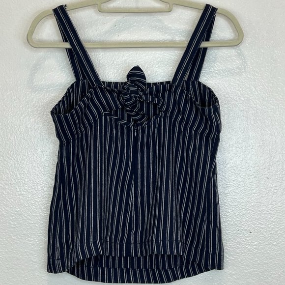 J. Crew Point Sur Freddie Navy Blue Pinstriped Back Bow Linen Blend Top sz 4 - Picture 5 of 7